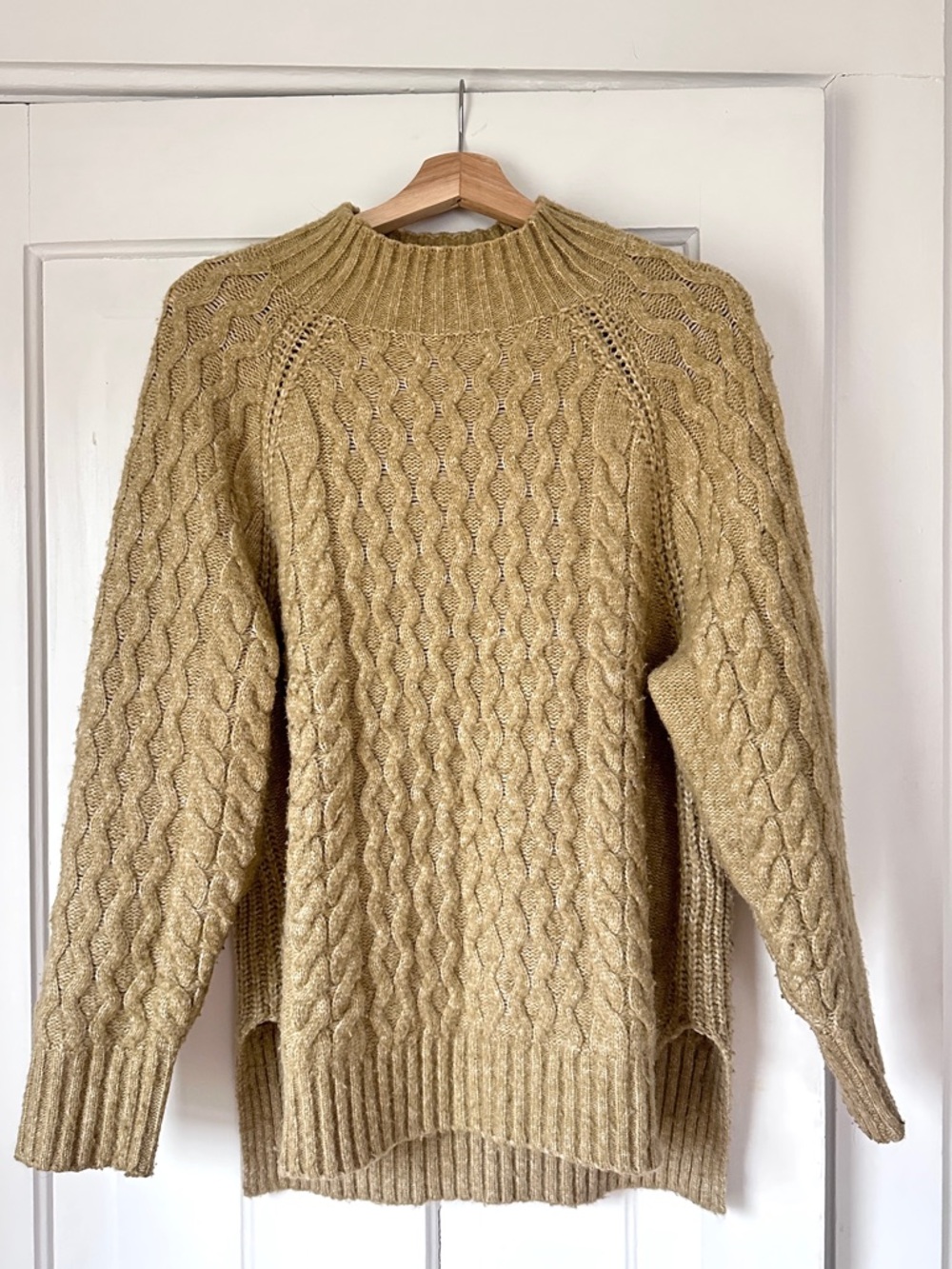 Cozy & Beautiful Cable Knit Mock Neck Sweater in muted yellowish-green